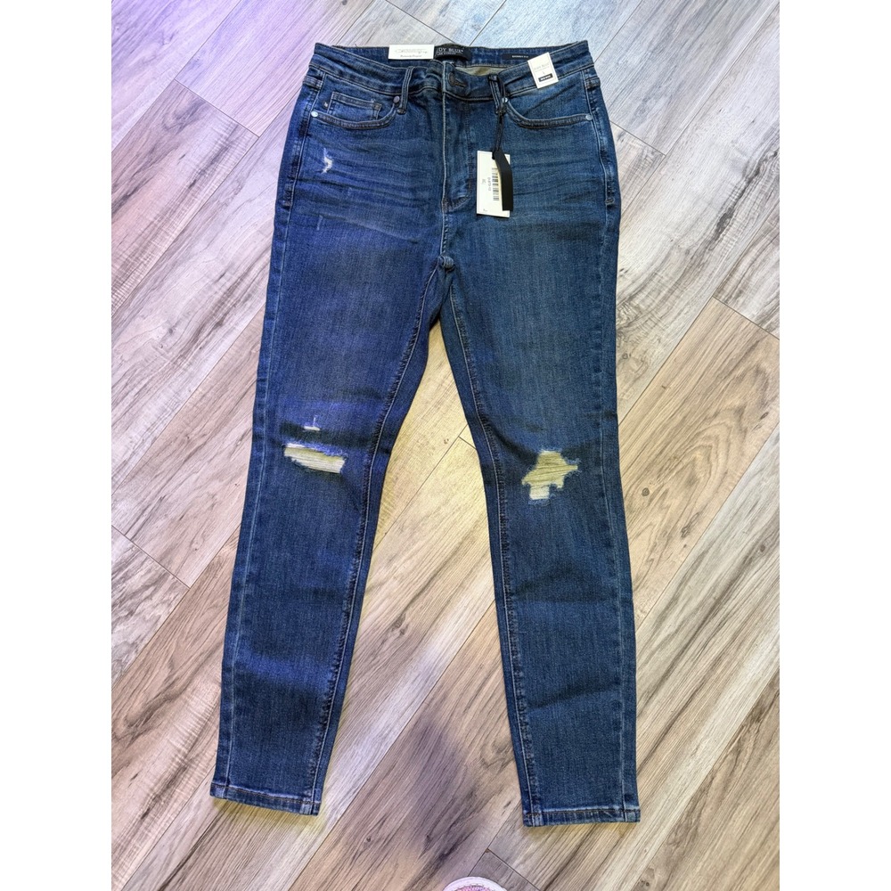 Judy Blue Mid Rise‎ Skinny Fit Distressed Jeans Dark Wash Denim 13/31 NWT